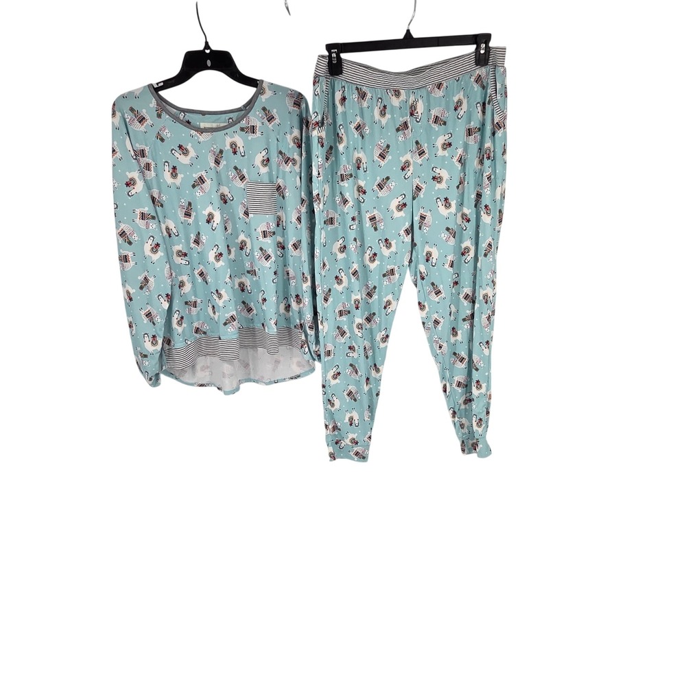 Cuddl Duds Llama Print Pajama Set Blue Long Sleeve Top Jogger Pants XL Womens